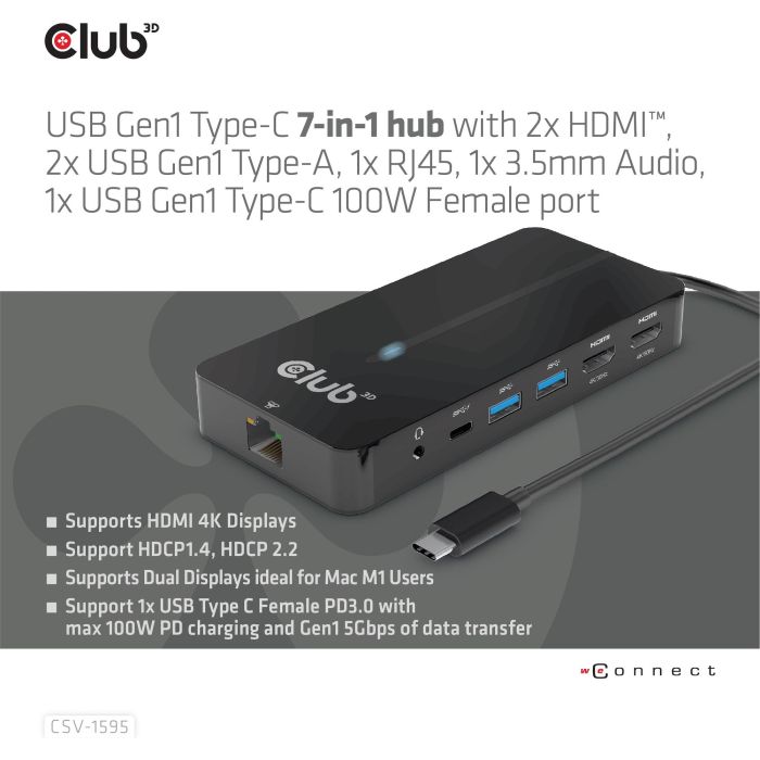Club3D Hub USB-C 7 en 1: 2xHDMI 4K60Hz, 2xUSB, USB-C PD100W, LAN - Adaptador para portátil/PC 4 Club3D Hub USB-C 7 en 1: 2xHDMI 4K60Hz, 2xUSB, USB-C PD100W, LAN - Adaptador para portátil/PC 4