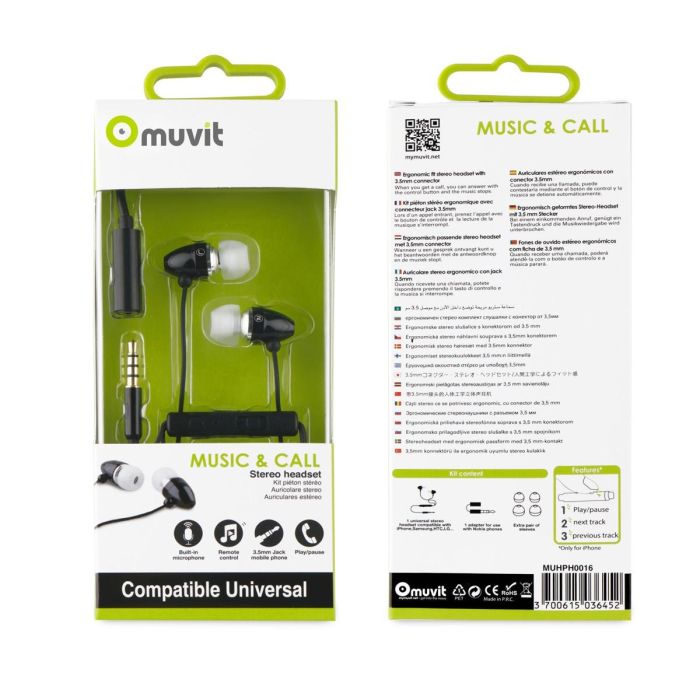 Muvit Auriculares Estéreo con Micrófono Muhph0016 Negro - Incluye Adaptador Jack 3.5 mm y Almohadillas 2 Muvit Auriculares Estéreo con Micrófono Muhph0016 Negro - Incluye Adaptador Jack 3.5 mm y Almohadillas 2