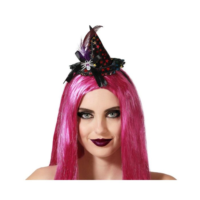 Diadema Halloween Sombrero Bruja Multicolor Mujer Adulto con Estrellas y Plumas para Fiestas Temáticas