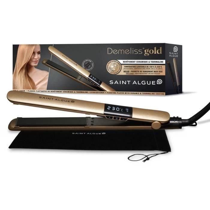 SAINT ALGUE 3963 - Plancha de pelo Demeliss GOLD - Revestimiento cerámico - Placas flotantes ultrafinas - 150 a 230 ° C - Negro / Dorado