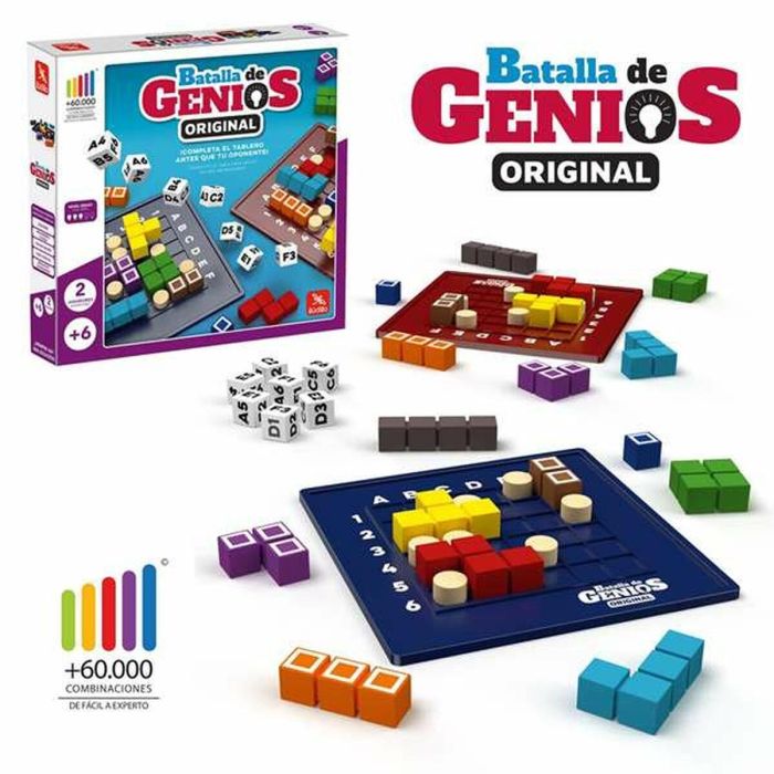 Juego batalla de genios original. ¿quién ganará la batalla de genios? 18 piezas de madera, 14 piezas bloqueadoras 7 dados, 2 tableros y reglas de juego. 1