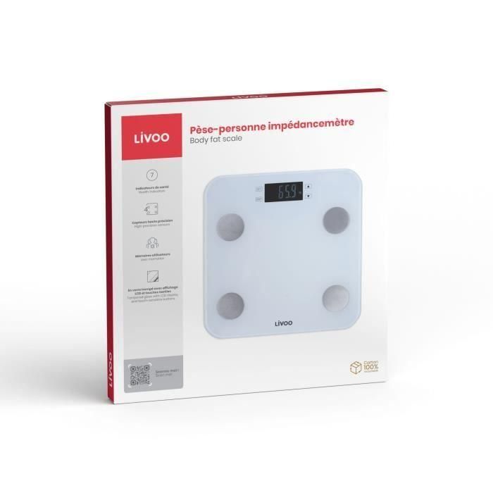 Livoo DOM427W Báscula de Baño Digital - Mide Peso, IMC, Grasa, Músculo - 13 Usuarios - 180 kg - Pantalla LCD Vidrio Templado - Blanco 1