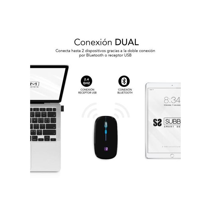 SUBBLIM Ratón Inalámbrico Bluetooth y RF Dual Silent Click RGB LED Flat Mouse Negro