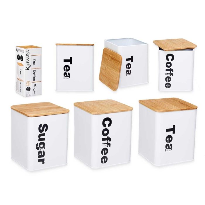 Set 3 botes metal blanco tapa bambú 1,3 L Kinvara - 15x36x11 cm (6 Unidades) Set 3 botes metal blanco tapa bambú 1,3 L Kinvara - 15x36x11 cm (6 Unidades)