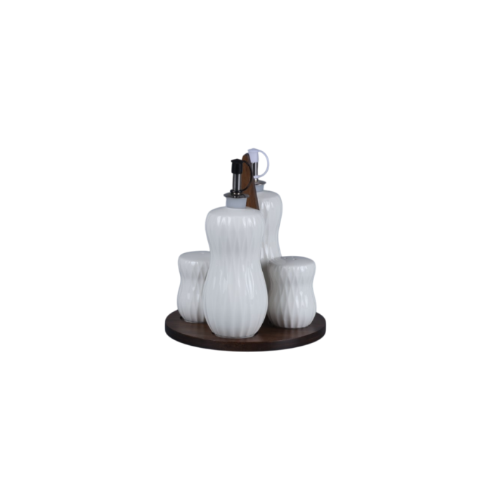 DKD Home Decor Pengjia 25 Aceitera Vinagrera Set de 4 Porcelana Bambu Blanco Marron Oscuro 17 x 19 x 17 cm