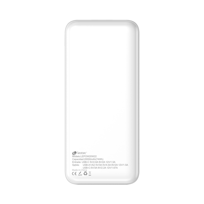 Leotec LEPOW20W22W Batería Externa Polímero de Litio 20000 mAh Blanco Carga Rápida 22.5W Power Bank