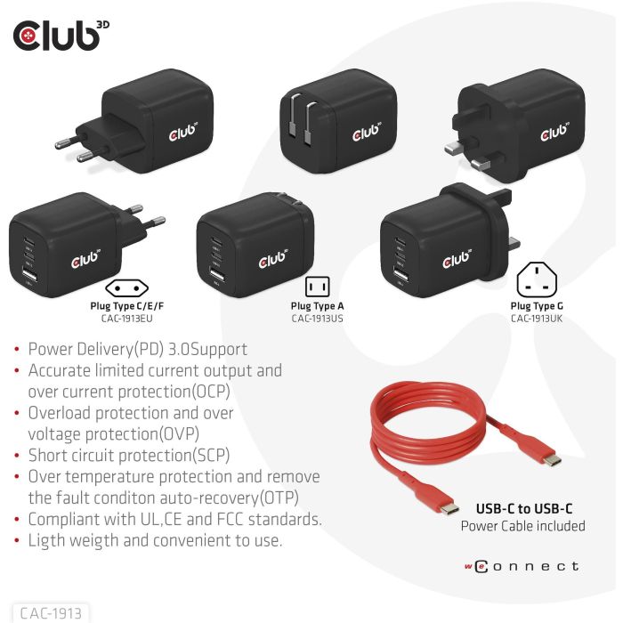 Club3D Ladegerät 2xUSB Typ C. 1xUSB Typ A. PD 65W. GaN retail 12