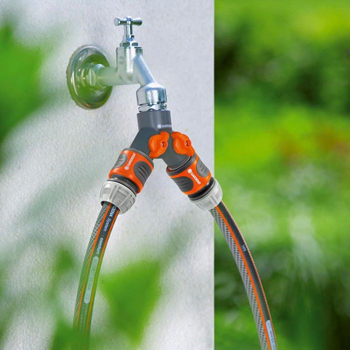 Gardena Distribuidor Doble para Grifo 1/2" 3/4" 1" con 2 Salidas y Protección Hielo Gris/Naranja 1