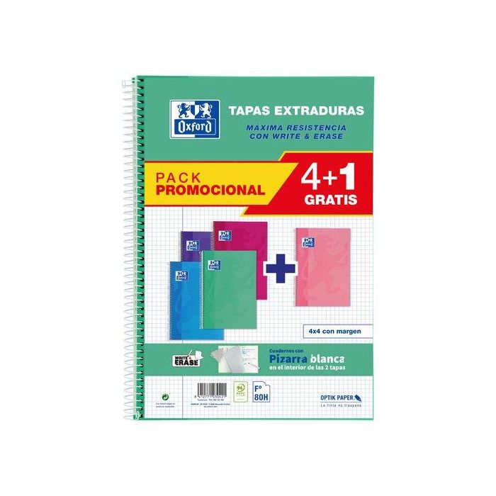 Bloc Oxford School Tapa Extra Fº 80H Cuadric.4X4 90G Pack 4+1 (Col. Tendencia)