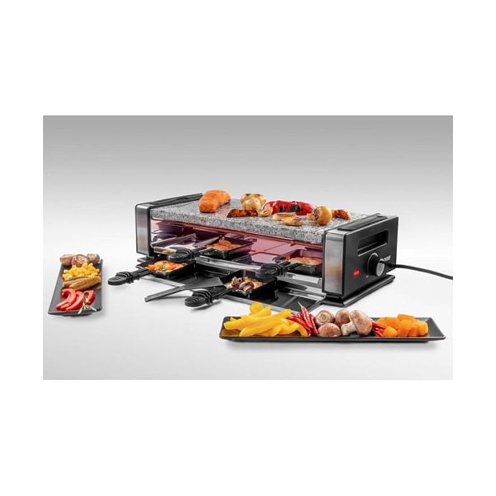 UNOLD Tischgrill Raclette Delice Basic 48760, para 8 personas, 2 placas antiadherentes desmontables, potencia 1200W, termostato ajustable, color negro y acero inoxidable 3