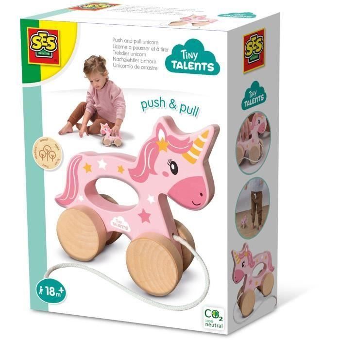 Unicornio de madera 2 en 1 - Para empujar y tirar - SES CREATIVE - Unicornio rosa para empujar o tirar.