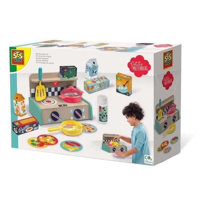 Kit de juegos de cocina Su creatividad: cocina de madera, estufa, sartén, espátula, botella de aceite y 6 productos - 3 años