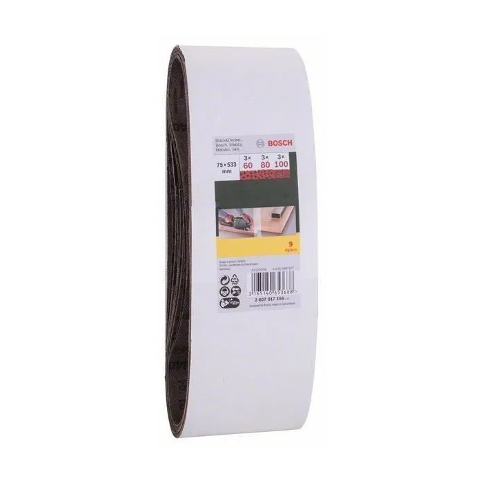 Bosch Abrasivos de Correa 74x533 Grano 60/80/100 para Lijadora de Banda Juego 9 Unidades 1 Bosch Abrasivos de Correa 74x533 Grano 60/80/100 para Lijadora de Banda Juego 9 Unidades 1