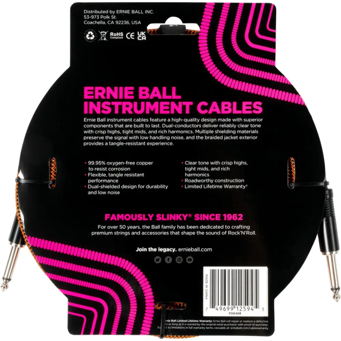 Ernieball Cable para Instrumento Trenzado Jack-Jack SS 3 M Naranja / Negro 1