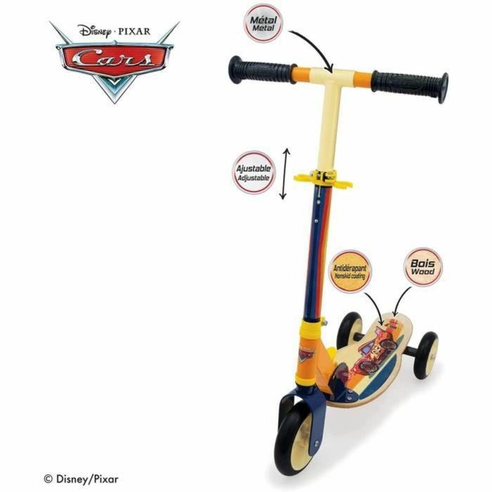Smoby Patinete Scooter Plegable 3 Ruedas de Madera y Metal Cars con Manillar Ajustable y Reposapiés Antideslizante 2