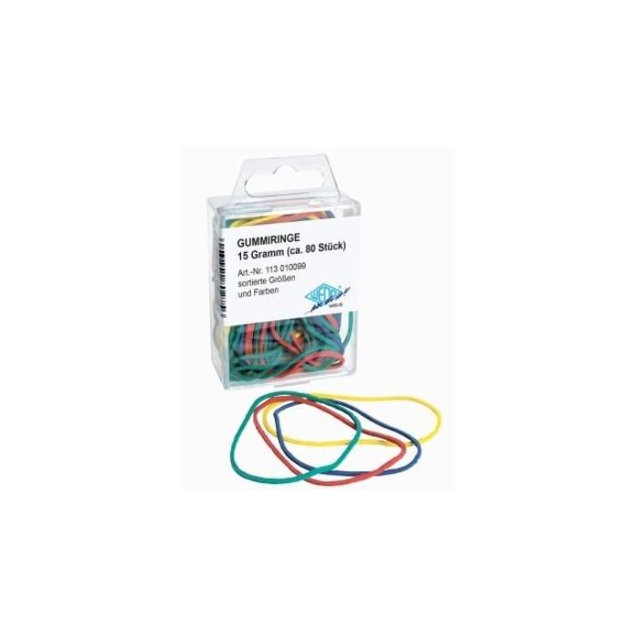 WEDO 113 010099 Gomas Elásticas Surtidas en Colores y Tamaños, Caja con 80 Piezas, Multicolor