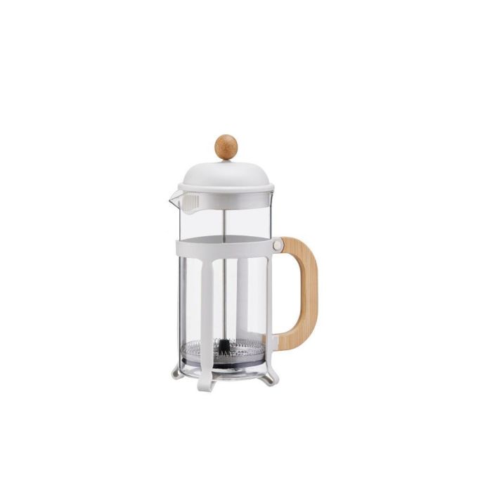 DKD Home Decor Cafetera Basicos, 350ml, Borosilicato y Bambú, Acero Inox, Blanco Natural, Apta Lavavajillas