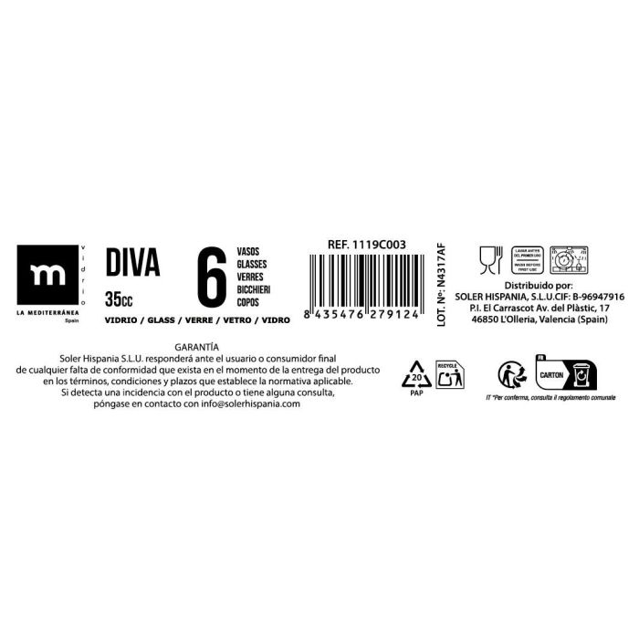 Set de 6 chupitos Diva de 35 cc por Inde (12 Cajas) 7 Set de 6 chupitos Diva de 35 cc por Inde (12 Cajas) 7