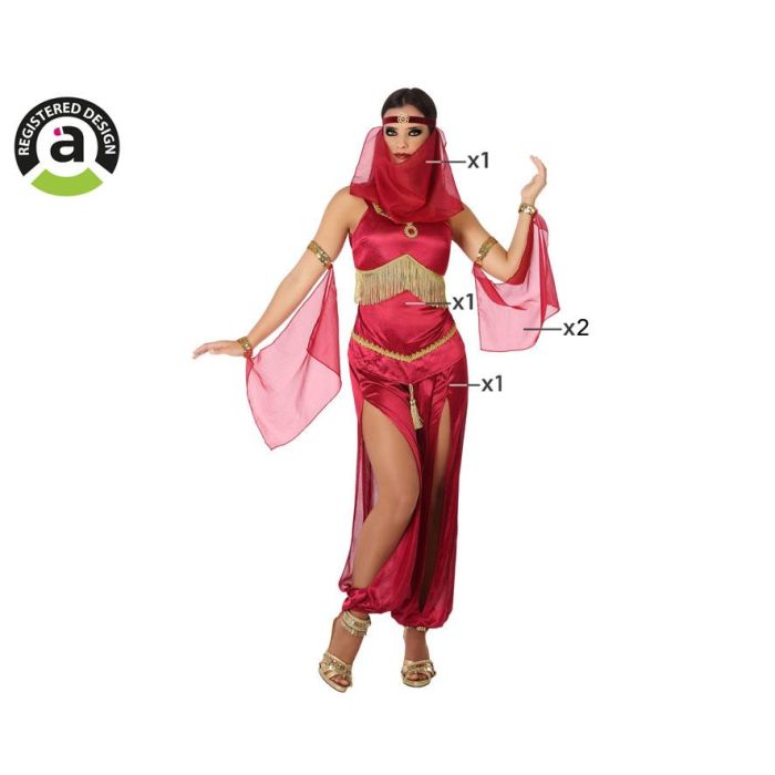 Disfraz Bailarina Árabe Rojo Mujer Adulto Talla M-L - Tocado, Velo, Mangas, Camiseta y Pantalón con Detalles Dorados