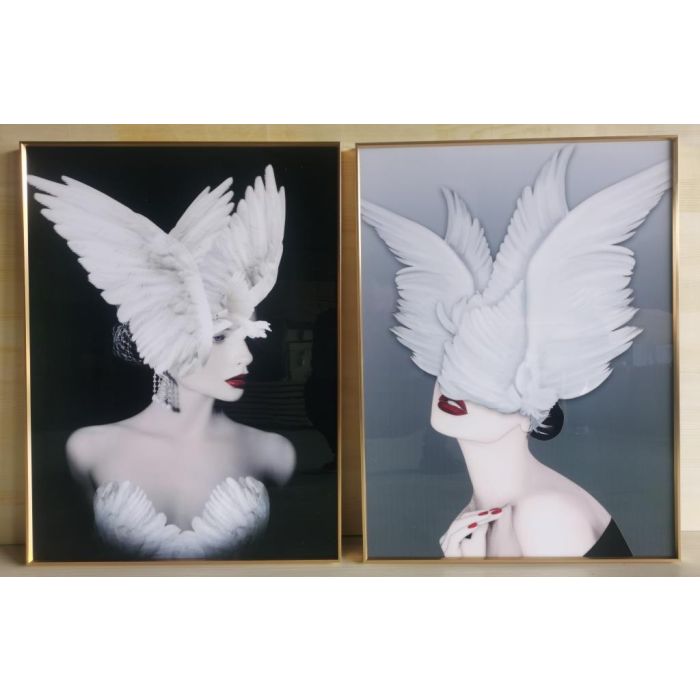 DKD Home Decor Cuadro Moderno Mujer Plumas Blanco y Negro 80 cm Alto x 60 cm Ancho x 3 cm Fondo Aluminio y MDF (Pack 2 Unidades)