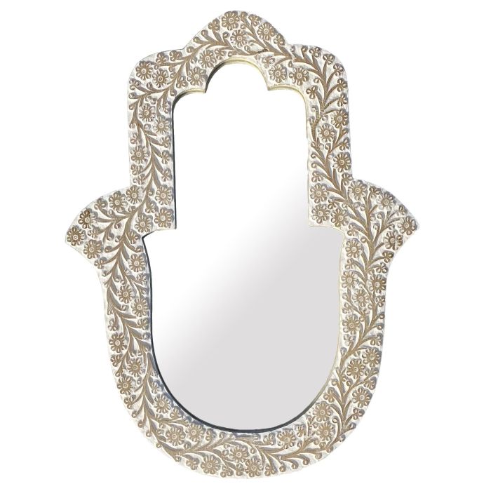 DKD Home Decor Espejo Indio Hamsa de Madera de Mango Blanco 60x45 cm
