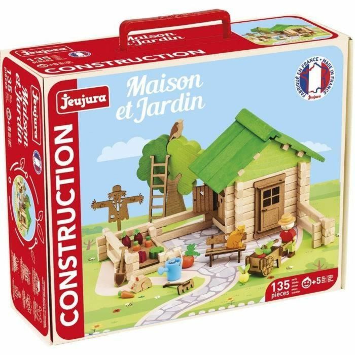 Hogar y Jardín 135 Piezas - JEUJURA - Juego de Construcción en Madera Natural, Tapete y Accesorios Incluidos, 32x27x11 cm