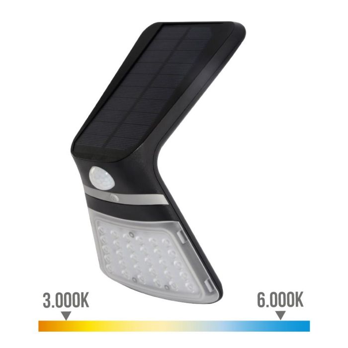 Aplique solar 3,5 W 430lm recargable sensor presencia (2-8m) color negro 10,5x13cm edm