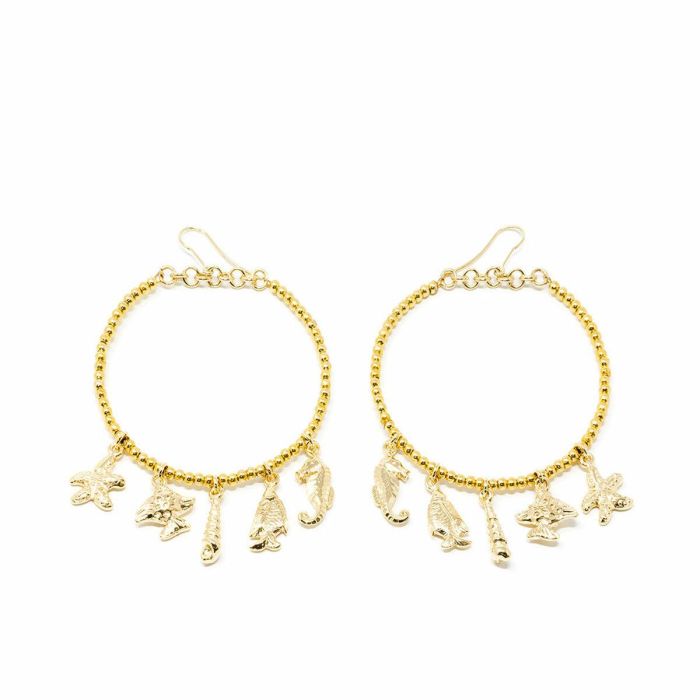 Shabama Pendientes FORMENTOR Oro Brillo Aro Grande 6cm con Charms de Animales Marinos: Caballito de Mar, Pez, Caracola, Estrella de Mar - Mujer Shabama Pendientes FORMENTOR Oro Brillo Aro Grande 6cm con Charms de Animales Marinos: Caballito de Mar, Pez, Caracola, Estrella de Mar - Mujer