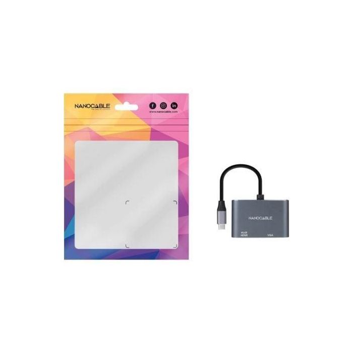 Nanocable 10.16.4303 Conversor USB-C Macho a HDMI Hembra 4K, VGA Hembra 1920x1200, Compatible Macbook Pro/Chromebook, 15cm Gris Aluminio 3