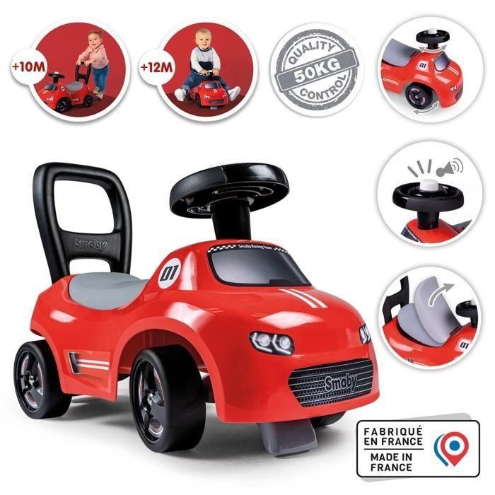 Smoby - Portabebés 2 en 1 - Auto Red - Caja debajo del sillín + bocina - A partir de 10 meses - Fabricado en Francia