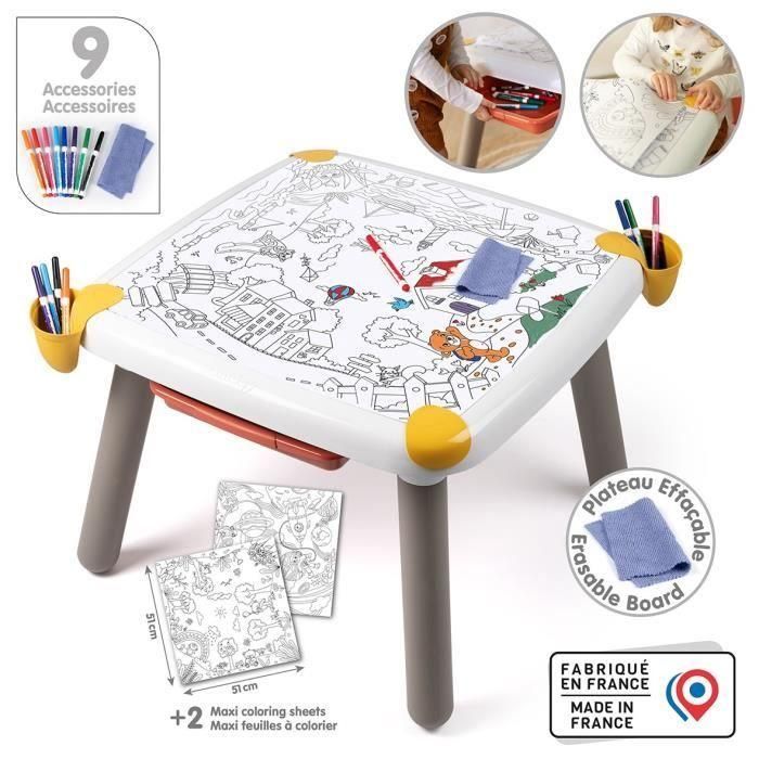 Smoby - Mesa infantil creativa - Fieltro borrable para la mesa + 2 láminas grandes para colorear - 3 espacios de almacenamiento - A partir de 3 años