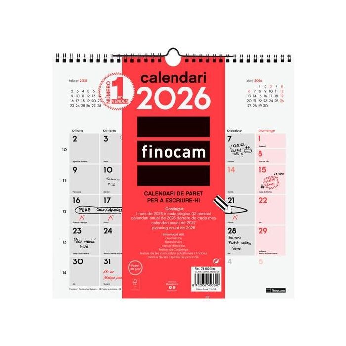 Finocam Calendario de pared para escribir 30x30 cm Mv Neutro 2026. Ideal para planificar en hogar u oficina.