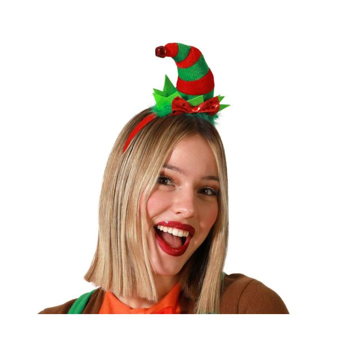 Diadema Navideña Gorro De Elfo Rojo Y Verde Con Campanilla Y Lazos Brillantes Para Fiestas Y Eventos