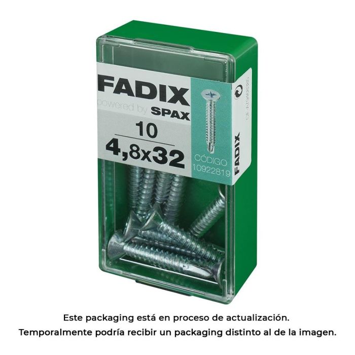 Fadix Tornillo rosca chapa autotaladrante cincado, con las características 'cp', dimensiones 4,8x32mm, presentado en una caja que contiene 10 unidades. 0 Fadix Tornillo rosca chapa autotaladrante cincado, con las características 'cp', dimensiones 4,8x32mm, presentado en una caja que contiene 10 unidades. 0