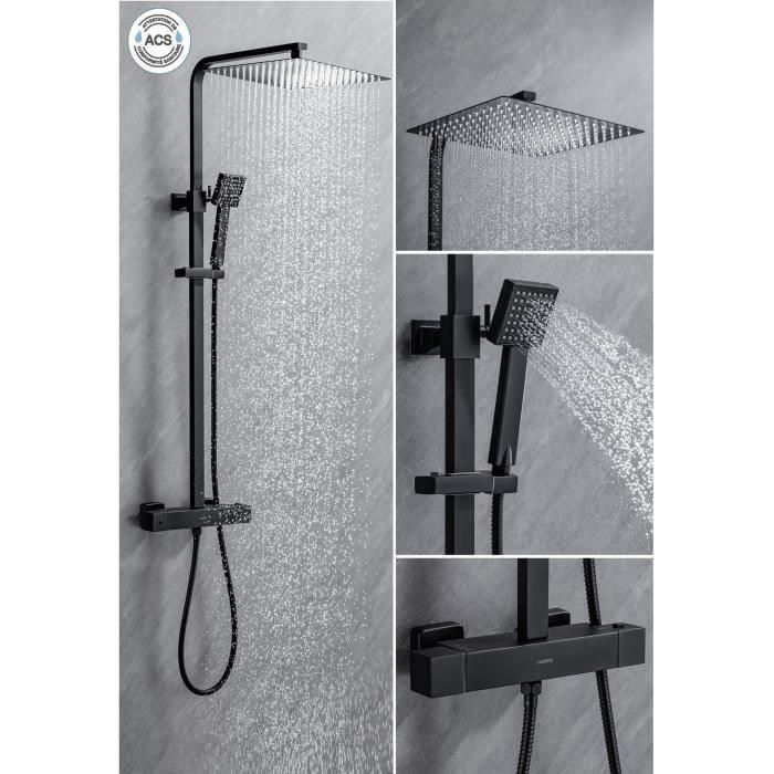Columna de ducha OCEANIC - Mezclador termostático de cuerpo frío - Rociador alto cuadrado 30x30 cm - Negro mate 2 Columna de ducha OCEANIC - Mezclador termostático de cuerpo frío - Rociador alto cuadrado 30x30 cm - Negro mate 2