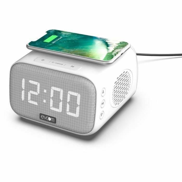 Despertador cargador con altavoz - EVOOM - EV304601 - Blanco con cargador inalámbrico y altavoz integrado