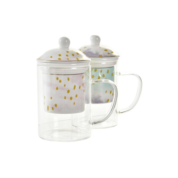 DKD Home Decor Mug Infusiones Glam 300ml de Cristal y Porcelana Rosa Verde Menta Transparente, Apto Microondas y Lavavajillas (Set 6 Unidades) 1