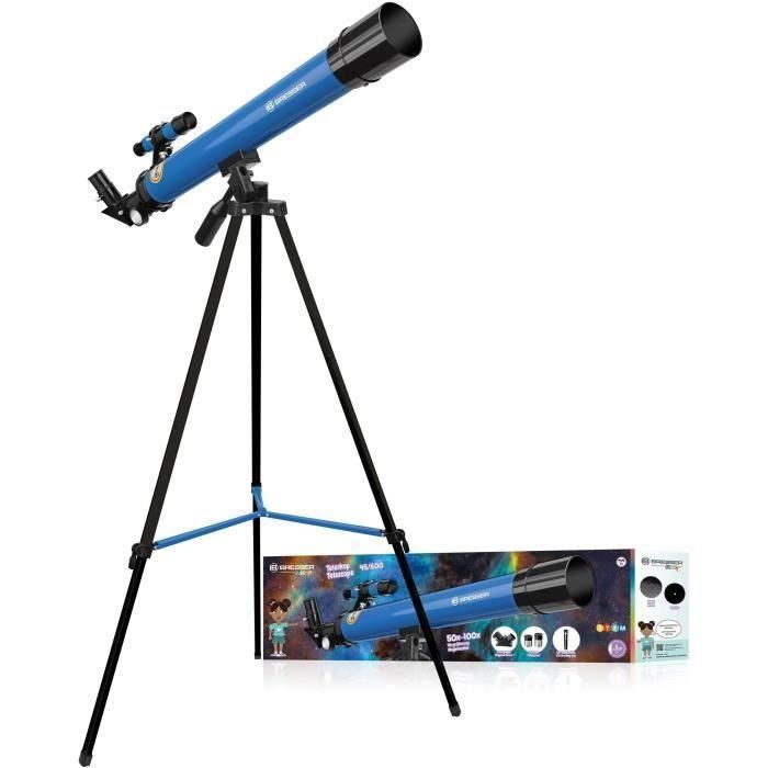 Telescopio astronómico 45/600 AZ - BRESSER JUNIOR - Aumentos hasta 100x - Trípode regulable en altura - azul