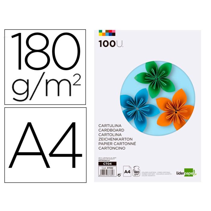 Cartulina Liderpapel A4 180 gr-M2 10 Colores Surtidos Paquete De 100 Hojas