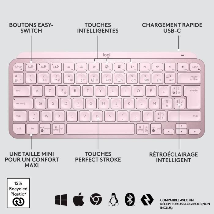 Teclado inalámbrico Logitech - MX Keys Mini - PINK - Compacto, Bluetooth, retroiluminado para MAC, iOS, Windows, Linux, Android 5 Teclado inalámbrico Logitech - MX Keys Mini - PINK - Compacto, Bluetooth, retroiluminado para MAC, iOS, Windows, Linux, Android 5