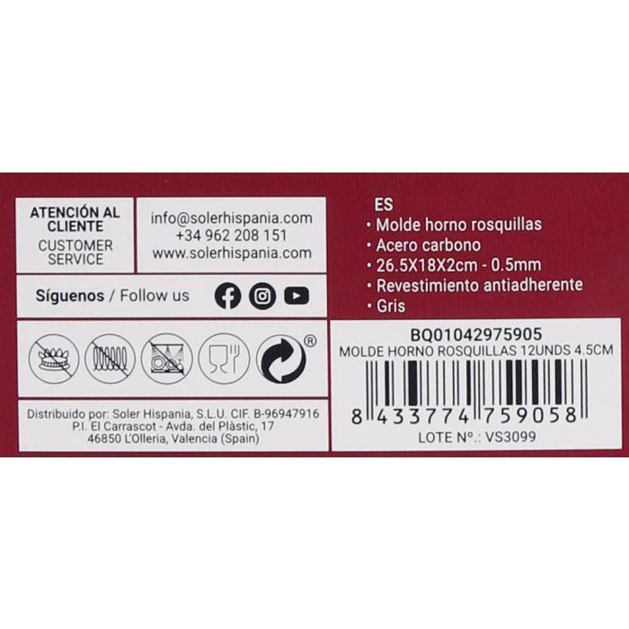 Molde para horno de rosquillas 12 unidades 4.5 cm Quttin (12 Unidades) 12 Molde para horno de rosquillas 12 unidades 4.5 cm Quttin (12 Unidades) 12