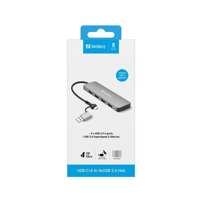 Sandberg USB-C/A to 4xUSB 3.0 Hub Expansor Puertos Aluminio 4xUSB 3.0 Conexión Instantánea Sin Software 2