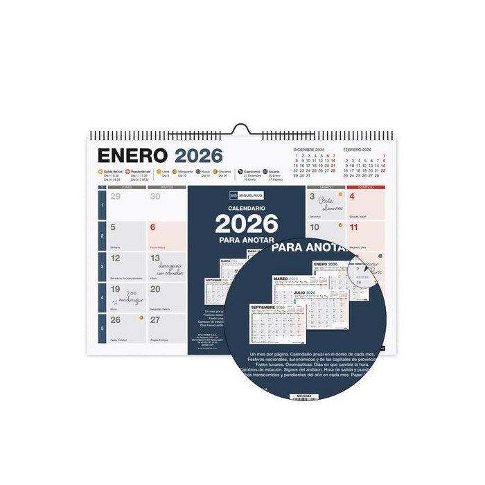 Calendario (2026) Miquelrius Pared Design Completo Mensual Para Escribir A4 296X210