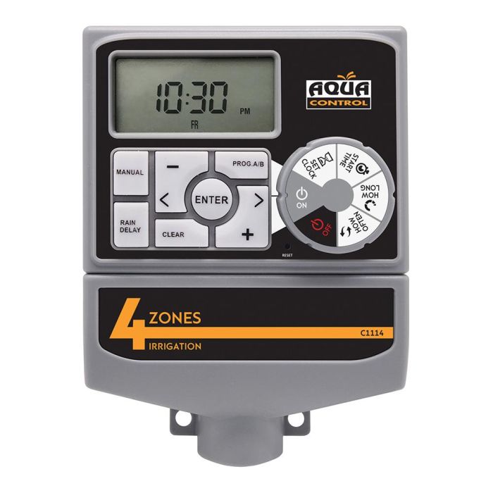 Aqua Control Programador de Riego Access 4 para 4 Zonas con Conexión Sensor Lluvia y Arranque de Bomba. Display LCD