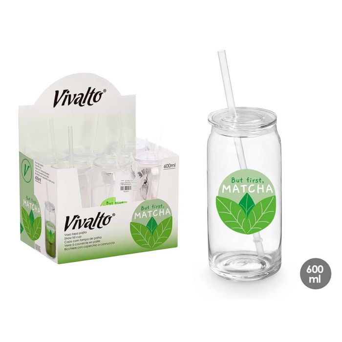 Vaso con tapa y pajita de cristal Matcha 600 ml Vivalto - 7.6x16.7x7.6 cm (24 Unidades) Vaso con tapa y pajita de cristal Matcha 600 ml Vivalto - 7.6x16.7x7.6 cm (24 Unidades)