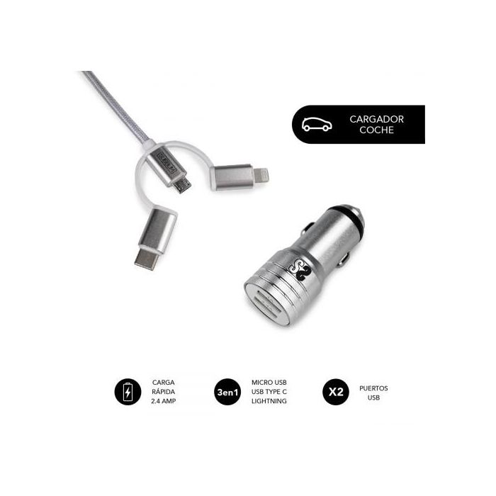 SUBBLIM Cargador coche Dual Alum 2.4A + Cable 3 in1 Silver