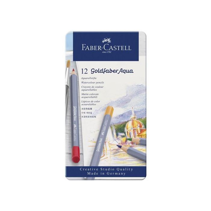 Estuche de Metal con 12 Lápices de Colores Acuarelables Goldfaber. Faber Castell 114612