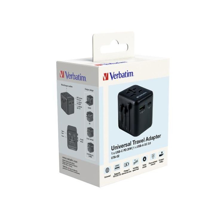 Verbatim Uta-02 Adaptador Universal de Viaje con 1 Puerto USB-C PD 20W y 1 Puerto USB-A QC 18W 4
