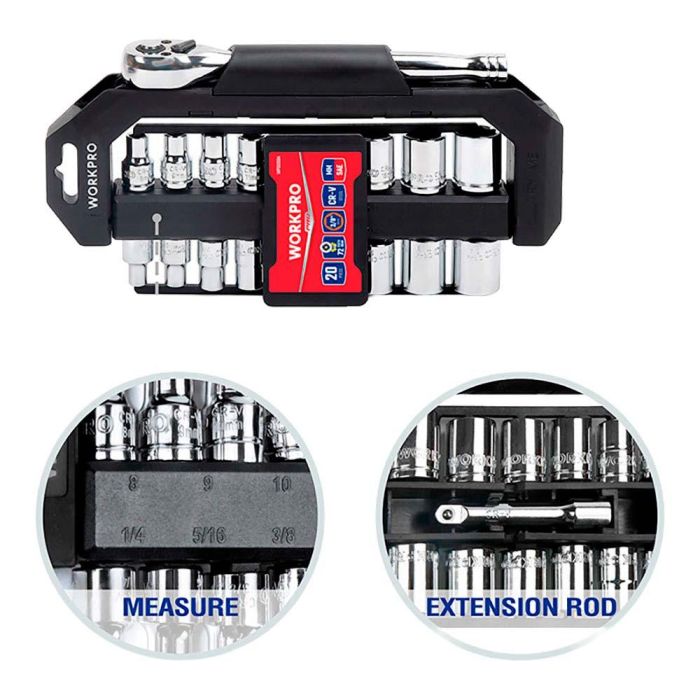 Juego carraca y vasos 3/8 pulg, soporte giratorio, 20 piezas, (métrico-sae) 1