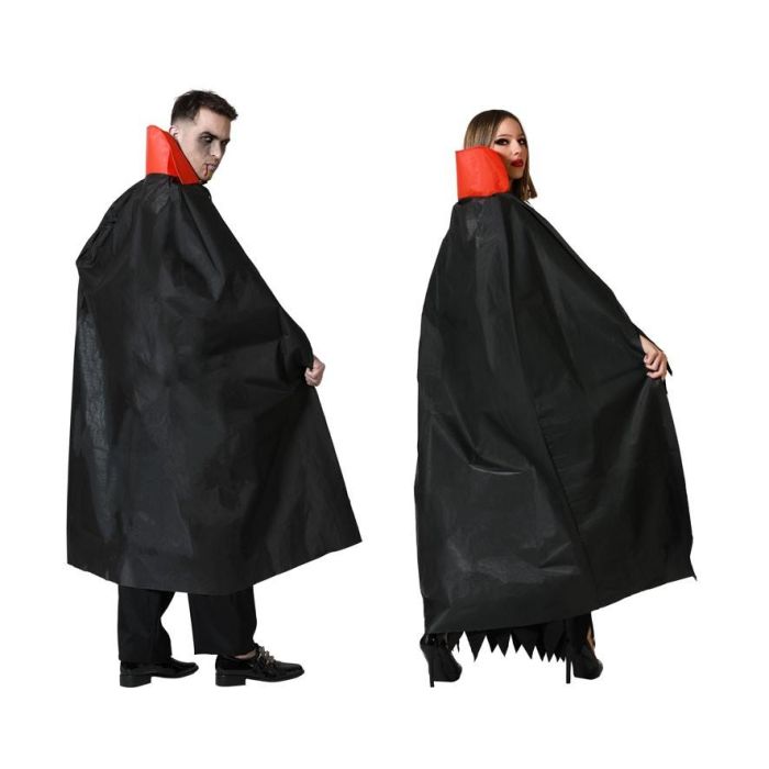 Capa Larga Negra Con Cuello Rojo Alto 140 cm Disfraz Vampiro Brujo Fiesta Halloween Talla Única